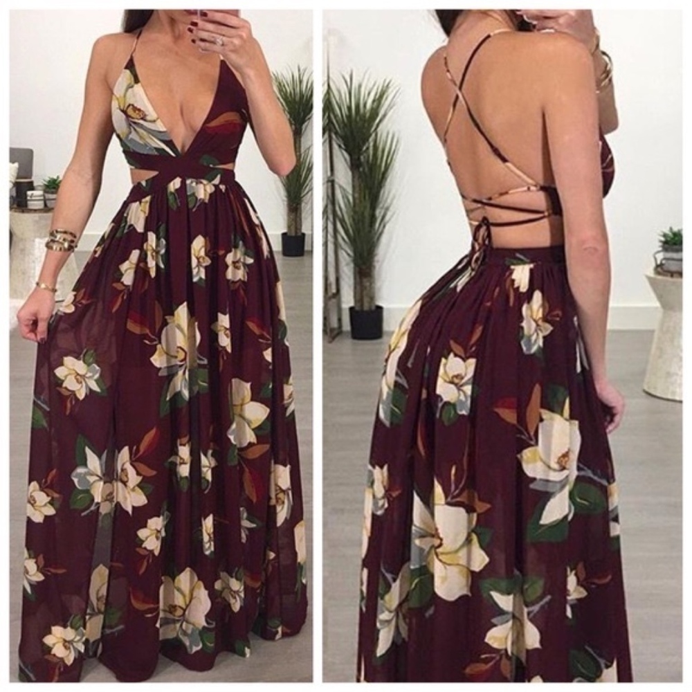 Burgundy Maroon Floral Slit Open Back Maxi Dress - Picture 2 of 3